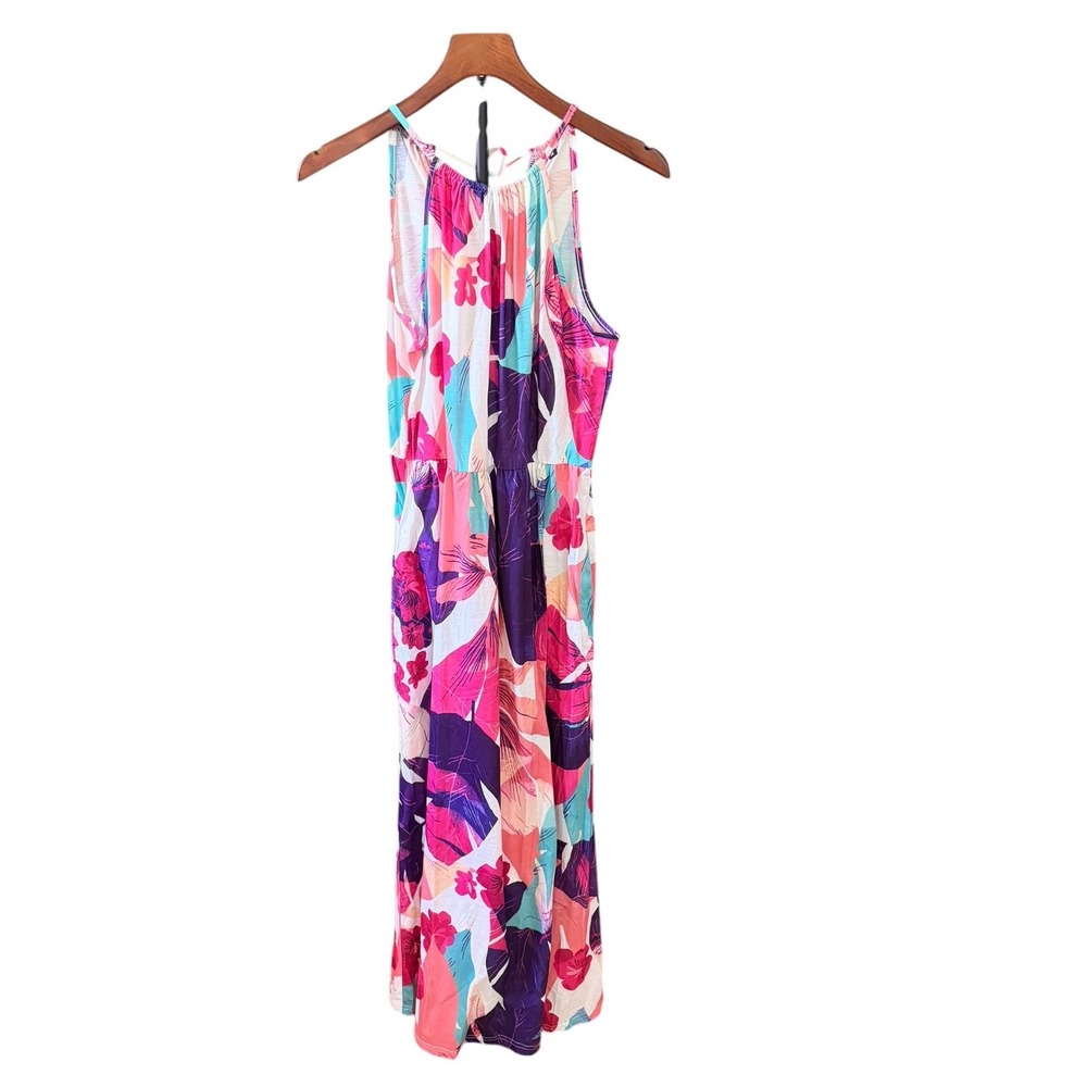 Maximilist Tropical Floral Halter Maxi Dress Key Hole Pink Purple Teal Size M